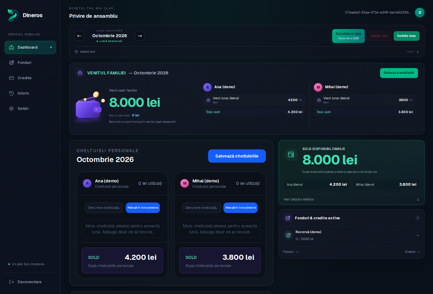 Dashboardul real Dineros, cu date demonstrative sintetice
